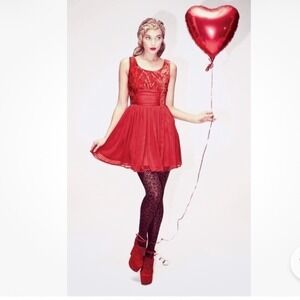 Free People Red Crushed Velvet and Chiffon Fit and Flare Mini Dress Sleeveless